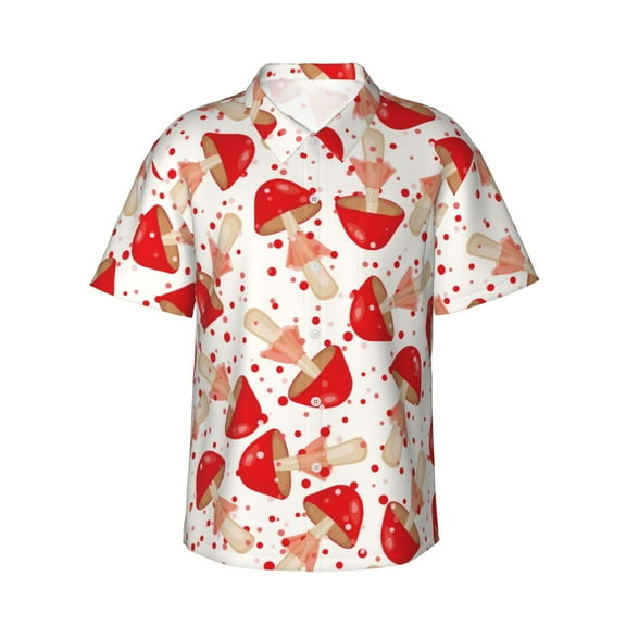 Balery Cute Mushroom Print Men's Hawaiian Shirts Short Sleeve Beach Shirt Relaxed Fit Vacation Button Down Shirts-XX-Large