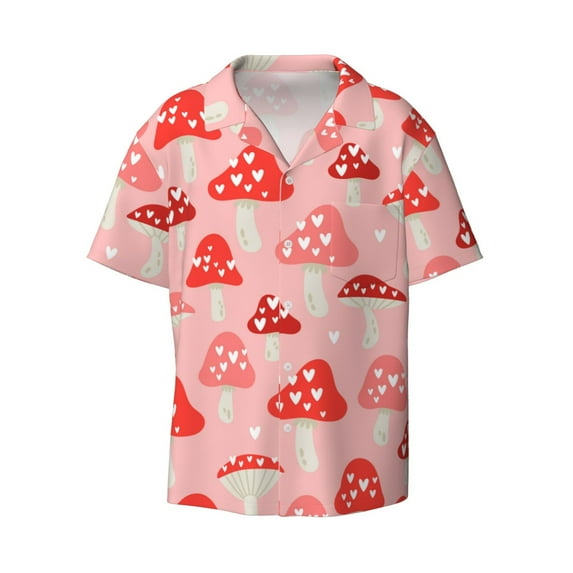 Balery Cute Mushroom1 Men's Casual Button Down Shirt Short Sleeve Textured Summer Cuban Beach Shirts-Large