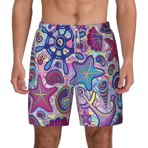 Balery Cute Nautical Mens Swim Trunks Swim Shorts for Men Quick Dry Inseam Beach Shorts with Compression Liner Pocket-Small