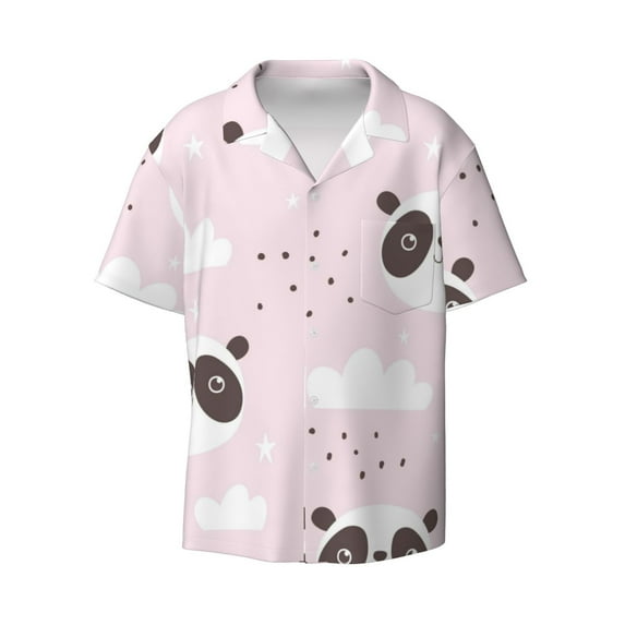 Balery Cute Panda Men's Casual Button Down Shirt Short Sleeve Textured Summer Cuban Beach Shirts-3X-Large