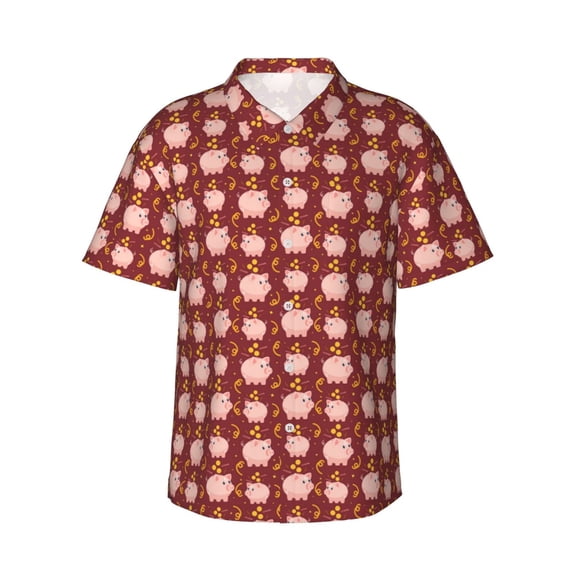 Balery Cute Pig with Coins Print Men's Hawaiian Shirts Short Sleeve Beach Shirt Relaxed Fit Vacation Button Down Shirts-XX-Large