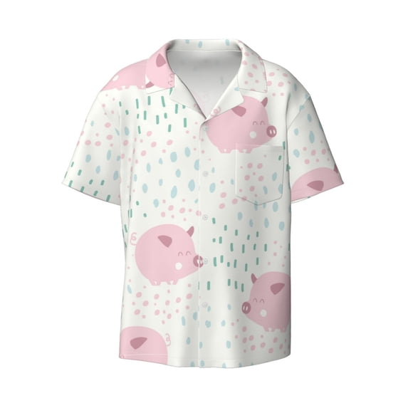 Balery Cute Pigs Men's Casual Button Down Shirt Short Sleeve Textured Summer Cuban Beach Shirts-Small