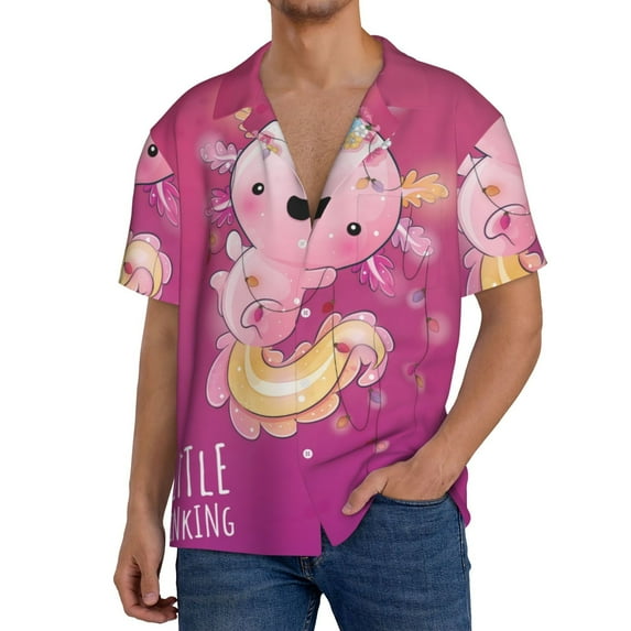 Balery Cute Pink Axolotl A Men's Casual Button Down Shirt Short Sleeve Textured Summer Cuban Beach Shirts-Small