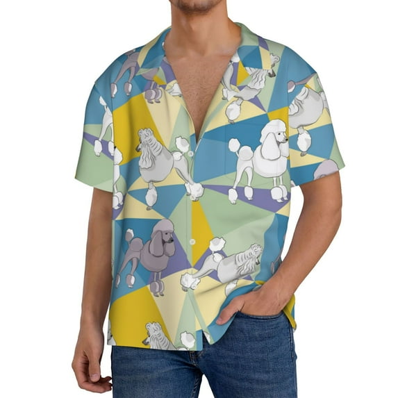 Balery Cute Poodle Dog Men's Casual Button Down Shirt Short Sleeve Textured Summer Cuban Beach Shirts-Medium