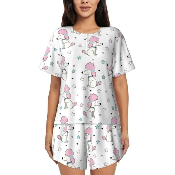 Balery Cute Poodle Dog Pattern Womens Pajama Sets 2 Piece Soft Short Sleeve Top and Shorts Sleepwear Round Neck Pjs Lounge Set with Pockets-X-Large