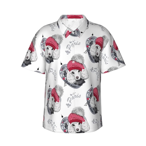 Balery Cute Poodle Dog Print Men's Hawaiian Shirts Short Sleeve Beach Shirt Relaxed Fit Vacation Button Down Shirts-3X-Large