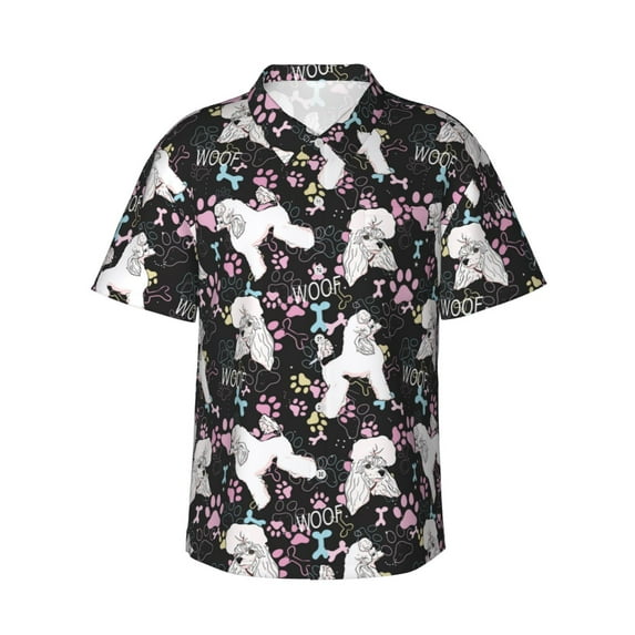 Balery Cute Poodle Dog Print Men's Hawaiian Shirts Short Sleeve Beach Shirt Relaxed Fit Vacation Button Down Shirts-Medium