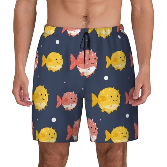 Balery Cute Puffer Fish Mens Swim Trunks Swim Shorts for Men Quick Dry Inseam Beach Shorts with Compression Liner Pocket-Small
