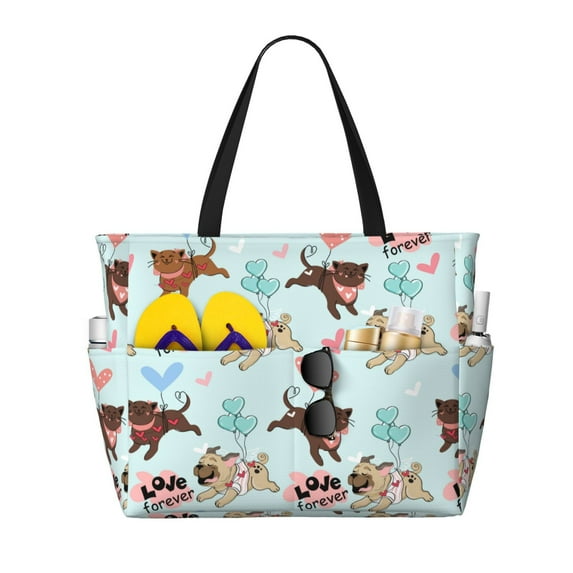 Balery Cute Pug Dogs Beach Travel Bag - Water-Resistant, Large Capacity Lightweight Tote with 7 Pockets for Women and Men - Perfect for Beach, Pool, Gym, and Travel