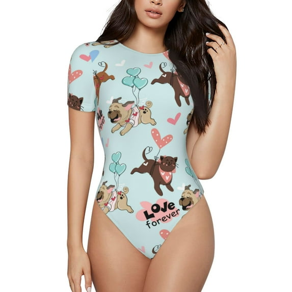 Balery Cute Pug Dogs Women's Short Sleevee Crew Neck Bodysuit Tops Short Sleeve Tops Basic-Small