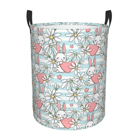 Balery Cute Rabbit And Heart Round Laundry Basket with Handles Waterproof Freestanding Laundry Hamper for Clothes Toys in the Dorm and Family-
