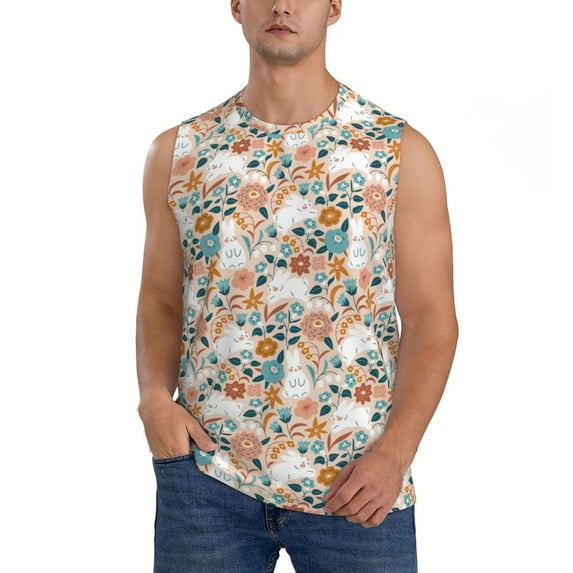 Balery Cute Rabbit Floral Men's Sleeveless Muscle Shirts Workout Tank Top, Moisture Wicking, Odor Protection-Small