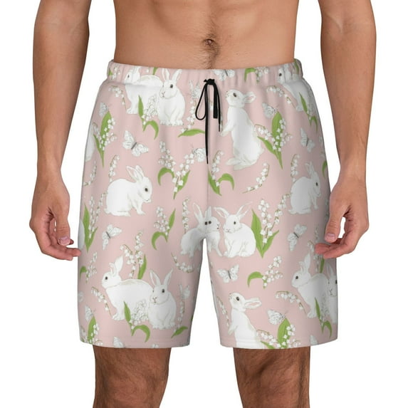 Balery Cute Rabbit Mens Swim Trunks Swim Shorts for Men Quick Dry Inseam Beach Shorts with Compression Liner Pocket-X-Large
