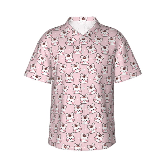 Balery Cute Rabbit Print Men's Hawaiian Shirts Short Sleeve Beach Shirt Relaxed Fit Vacation Button Down Shirts-Large