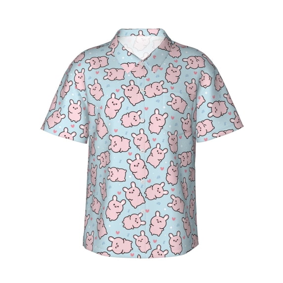 Balery Cute Rabbit Print Men's Hawaiian Shirts Short Sleeve Beach Shirt Relaxed Fit Vacation Button Down Shirts-Medium