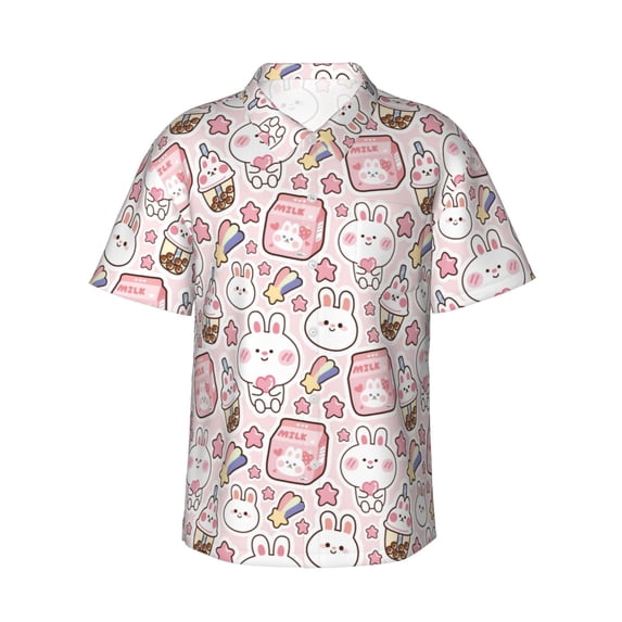 Balery Cute Rabbit Print Men's Hawaiian Shirts Short Sleeve Beach Shirt Relaxed Fit Vacation Button Down Shirts-Small
