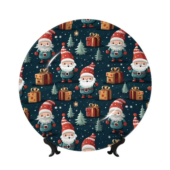 Balery Cute Santa Claus Gift Print Bone China Decorative Plate Ceramic Dinner Plates Art Crafts with Display Stand-8in