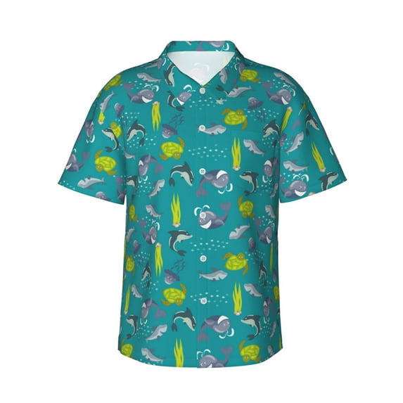 Balery Cute Shark Turtle Print Men's Hawaiian Shirts Short Sleeve Beach Shirt Relaxed Fit Vacation Button Down Shirts-
