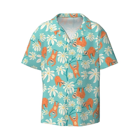 Balery Cute Sloth on Floral Tree Men's Casual Button Down Shirt Short Sleeve Textured Summer Cuban Beach Shirts-3X-Large