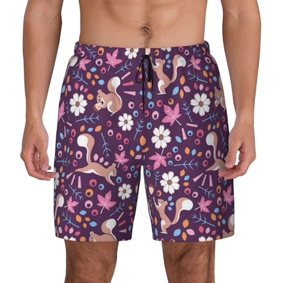 Balery Cute Squirrel Floral Mens Swim Trunks Swim Shorts for Men Quick Dry Inseam Beach Shorts with Compression Liner Pocket-Large