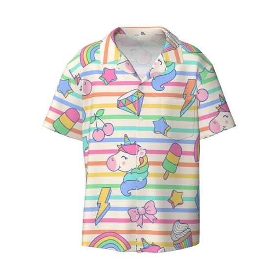 Balery Cute Unicorn Men's Casual Button Down Shirt Short Sleeve Textured Summer Cuban Beach Shirts-Small