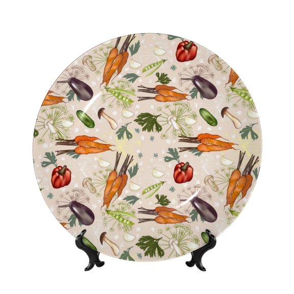 Balery Cute Vegetables Print Bone China Decorative Plate Ceramic Dinner Plates Art Crafts with Display Stand-6in