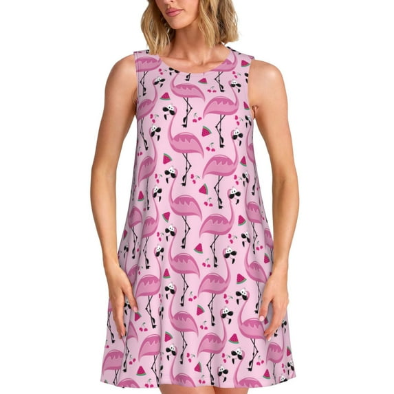 Balery Cute Watermelon Flamingo Pattern Women’s Summer Dresses – Loose Sleeveless Sundress, Casual and Comfortable Beach Dress for Hot Days
