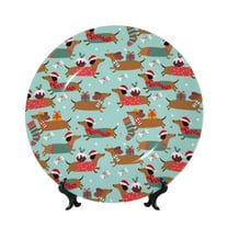 Balery Dachshund Christmas Play Print Bone China Decorative Plate Ceramic Dinner Plates Art Crafts with Display Stand-6in