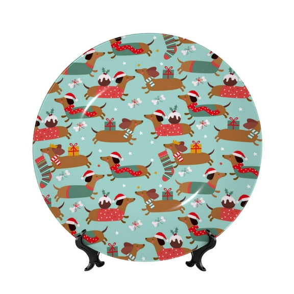 Balery Dachshund Christmas Play Print Bone China Decorative Plate Ceramic Dinner Plates Art Crafts with Display Stand-6in