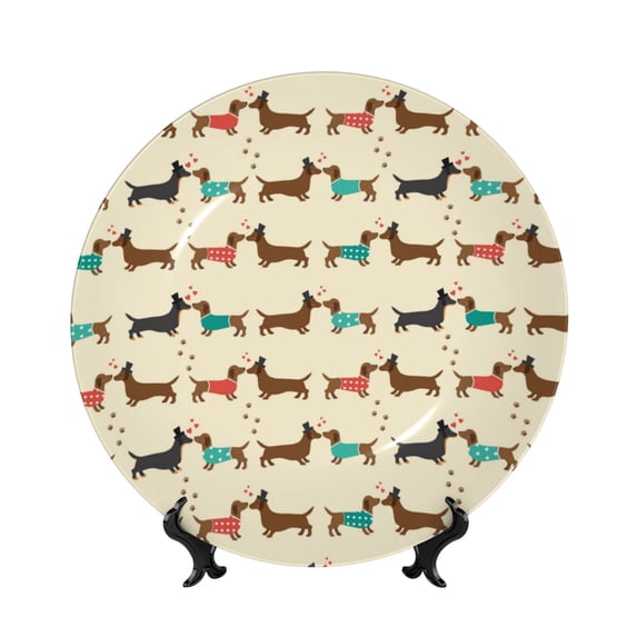 Balery Dachshund Dog Print Bone China Decorative Plate Ceramic Dinner Plates Art Crafts with Display Stand-8in