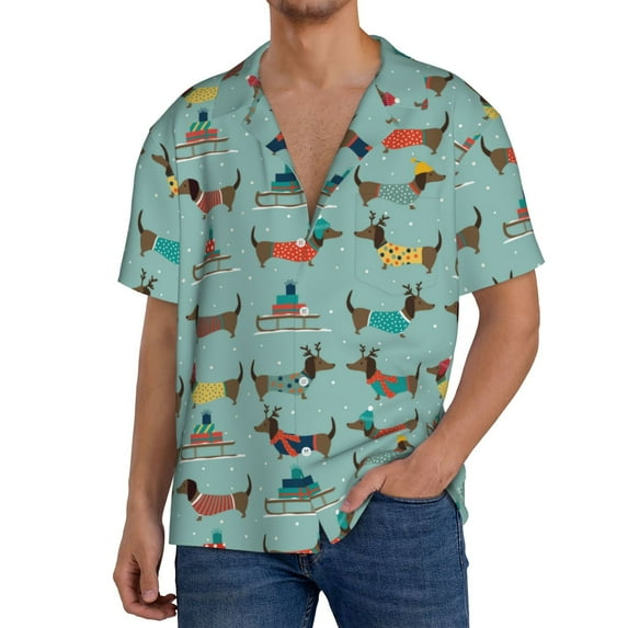 Balery Dachshund Dog Puppy Men's Casual Button Down Shirt Short Sleeve Textured Summer Cuban Beach Shirts-3X-Large