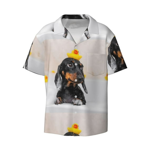 Balery Dachshund Sitting in Bathtub Men's Casual Button Down Shirt Short Sleeve Textured Summer Cuban Beach Shirts-3X-Large