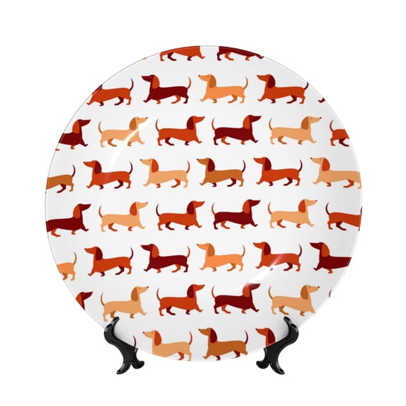 Balery Dachshund Walking Print Bone China Decorative Plate Ceramic Dinner Plates Art Crafts with Display Stand-8in
