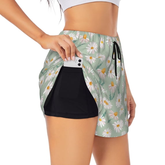 Balery Daisies Flowers Pattern Women's Running Shorts with Liner 2 Pockets Elastic Workout Athletic Gym Yoga Shorts-Small