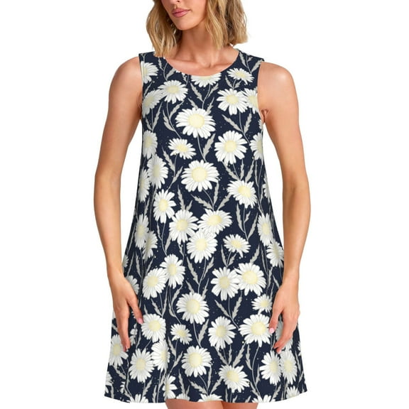 Balery Daisies Flowers Pattern Women’s Summer Dresses – Loose Sleeveless Sundress, Casual and Comfortable Beach Dress for Hot Days