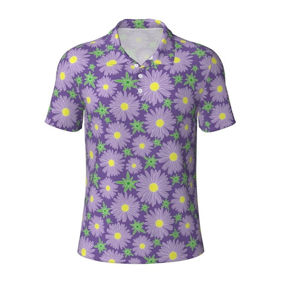 Balery Daisies Flowers Printed Men’s Short Sleeve Polo Shirt, Midweight Men's Shirt,Golf Polo shirts -3X-Large