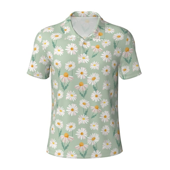 Balery Daisies Flowers Printed Men’s Short Sleeve Polo Shirt, Midweight Men's Shirt,Golf Polo shirts -3X-Large