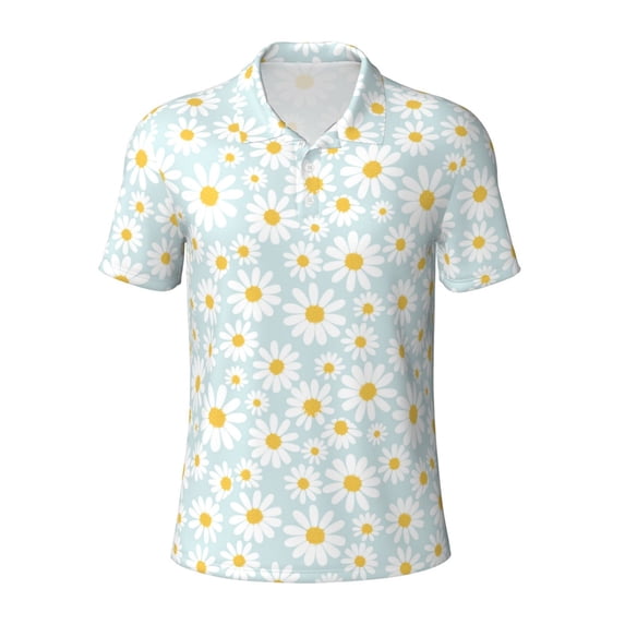 Balery Daisies Flowers Printed Men’s Short Sleeve Polo Shirt, Midweight Men's Shirt,Golf Polo shirts -3X-Large