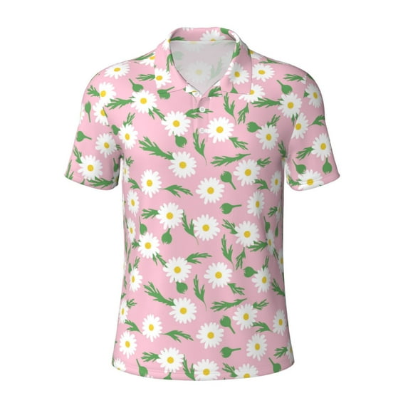Balery Daisies Flowers Printed Men’s Short Sleeve Polo Shirt, Midweight Men's Shirt,Golf Polo shirts -3X-Large
