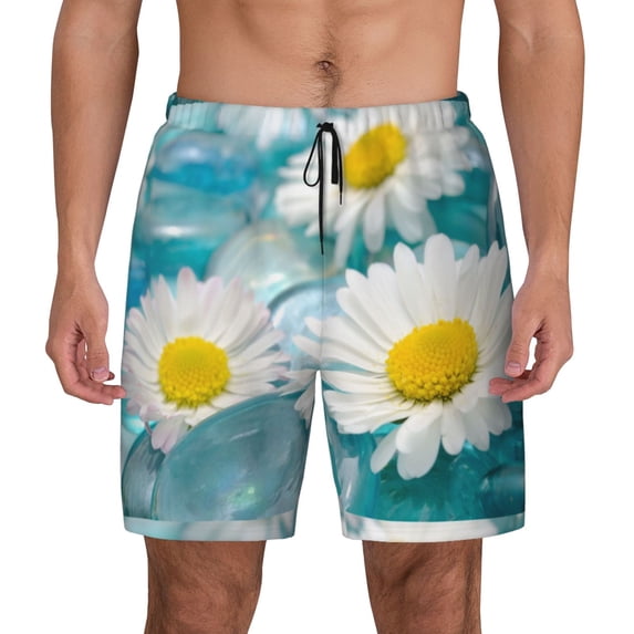 Balery Daisy Flowers Mens Swim Trunks Swim Shorts for Men Quick Dry Inseam Beach Shorts with Compression Liner Pocket-Small