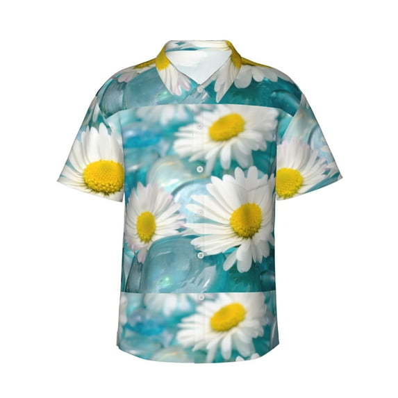 Balery Daisy Flowers Print Men's Hawaiian Shirts Short Sleeve Beach Shirt Relaxed Fit Vacation Button Down Shirts-Large