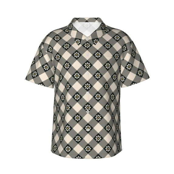 Balery Daisy Plaid Black Print Men's Hawaiian Shirts Short Sleeve Beach Shirt Relaxed Fit Vacation Button Down Shirts-