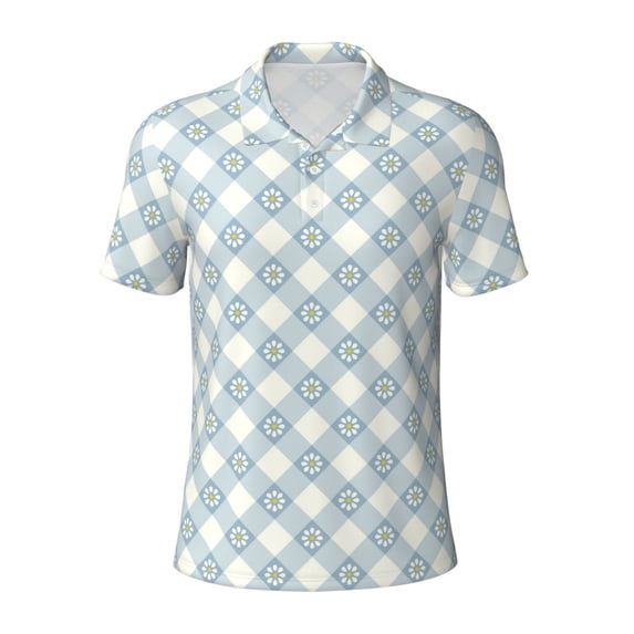 Balery Daisy Plaid Blue Printed Men’s Short Sleeve Polo Shirt, Midweight Men's Shirt,Golf Polo shirts -4X-Large