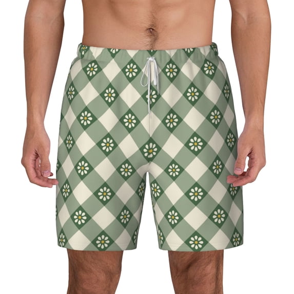 Balery Daisy Plaid Green Mens Swim Trunks Swim Shorts for Men Quick Dry Inseam Beach Shorts with Compression Liner Pocket-Large