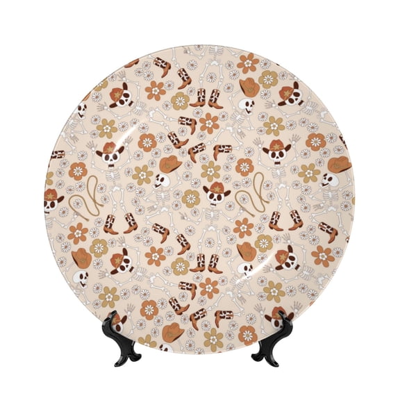 Balery Dancing Cowboy Skeleton Print Bone China Decorative Plate Ceramic Dinner Plates Art Crafts with Display Stand-8in