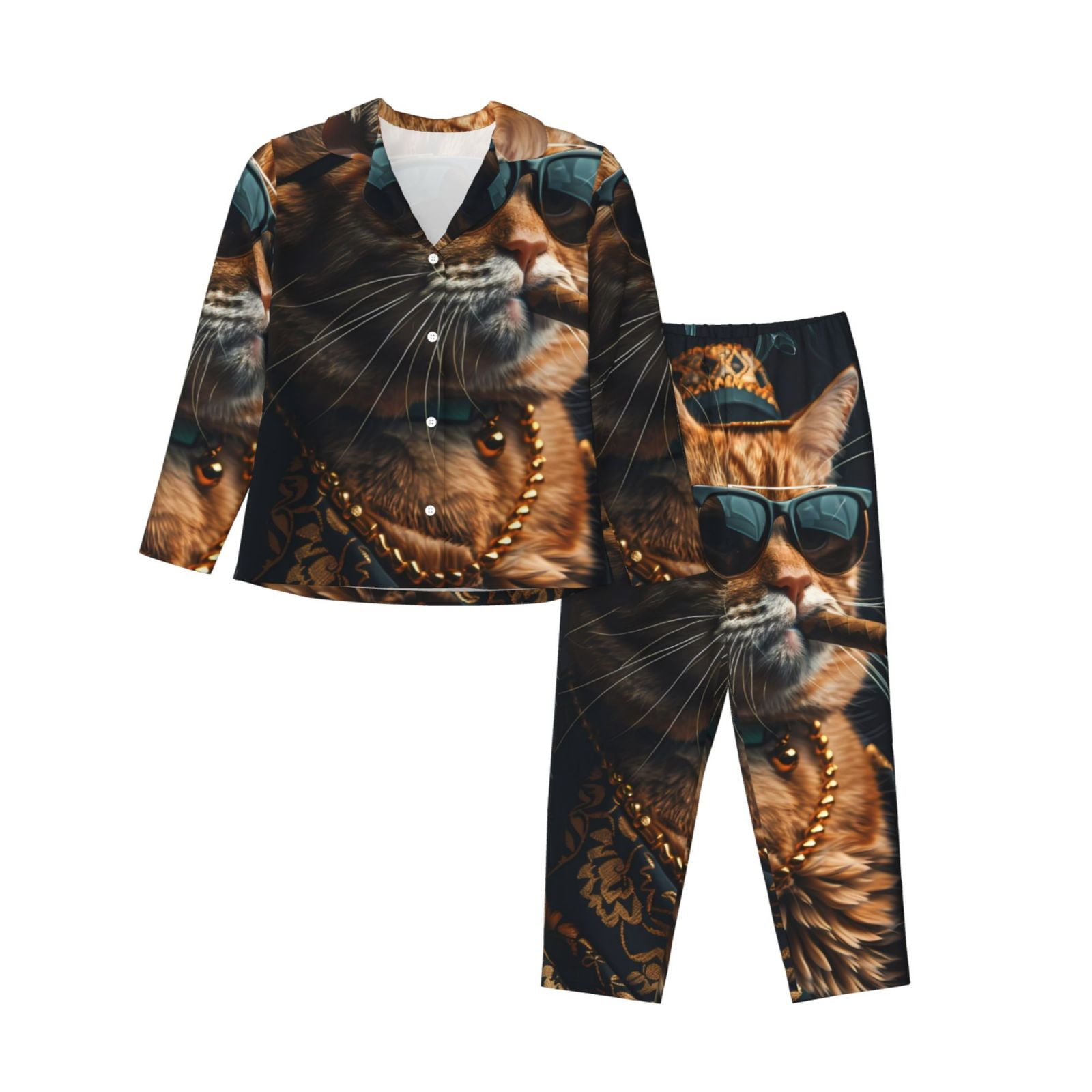 Balery Dapper Cat in Sunglasses Pattern Pajama Sets for Women Long ...
