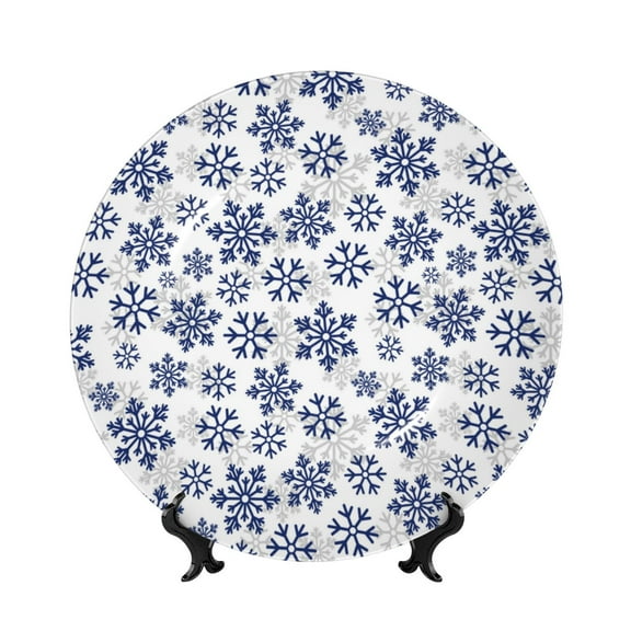 Balery Dark Blue Snowflakes Print Bone China Decorative Plate Ceramic Dinner Plates Art Crafts with Display Stand-6in