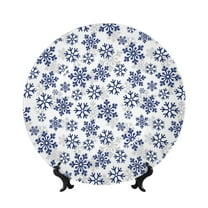 Balery Dark Blue Snowflakes Print Bone China Decorative Plate Ceramic Dinner Plates Art Crafts with Display Stand-6in