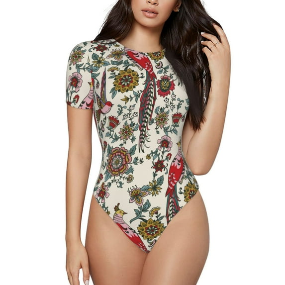 Balery Dark Enchanted Flowers And Birds Women's Short Sleevee Crew Neck Bodysuit Tops Short Sleeve Tops Basic-XX-Large