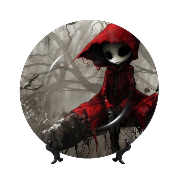 Balery Dark Red Hooded Girl Print Bone China Decorative Plate Ceramic Dinner Plates Art Crafts with Display Stand-6in